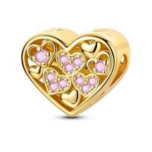 Gold Heart Bead Charm with Pink Diamond Accents Sterling Silver 925